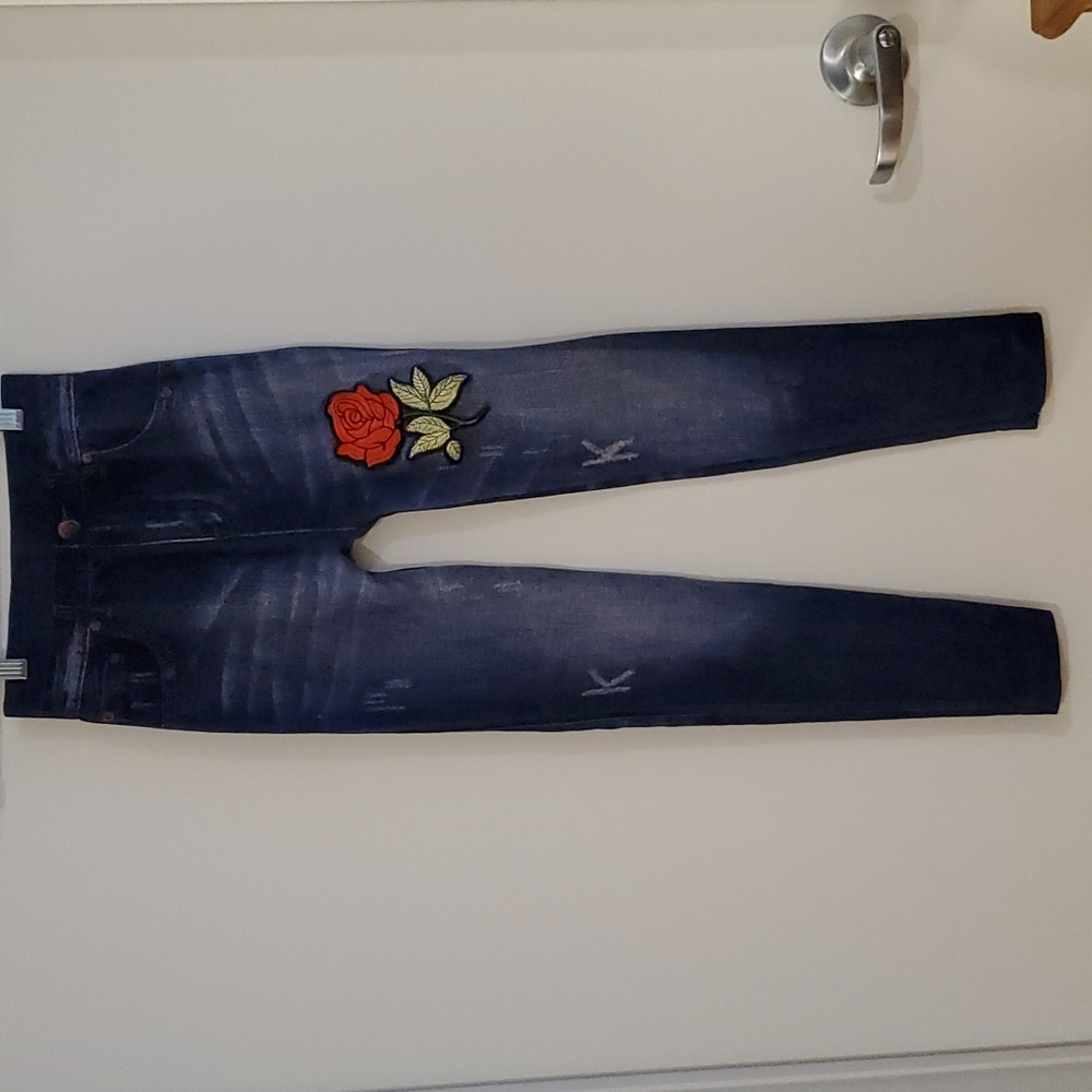 Faux denim jegging leggings rose applique detail OS fits up to a 10 comfortably - Picture 7 of 10